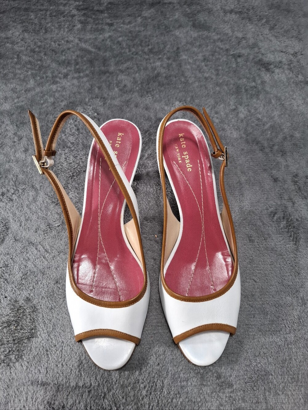 kate spade White Peep-Toe Slingback Heels with Tan Trim and Pink Insole Sz 8.5